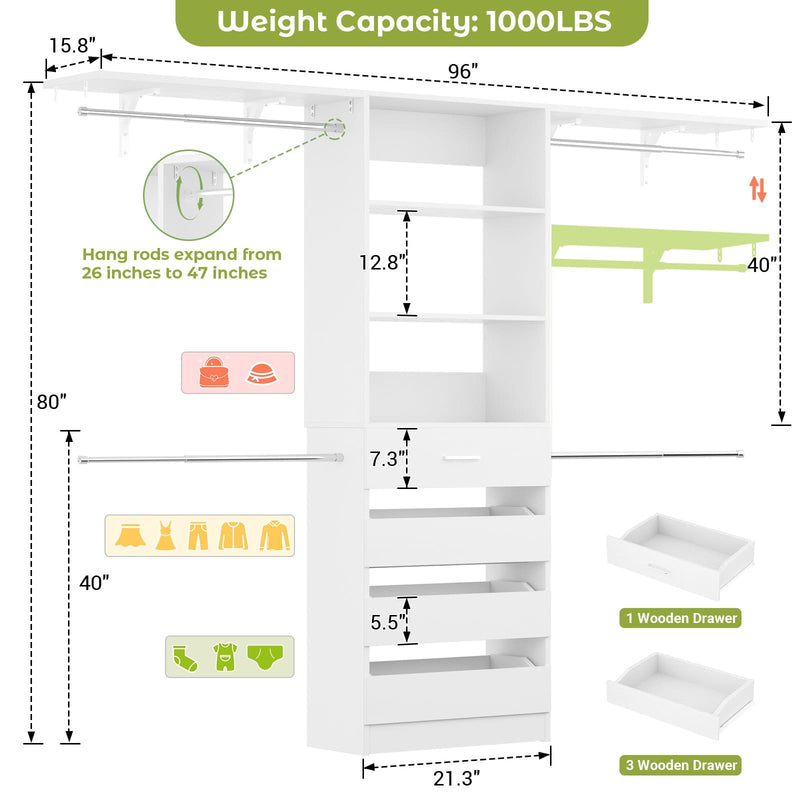 Closet System with 4 Drawers, 8FT Wood Closet Organizer Built In System Tower with Shelves & 4 Rods