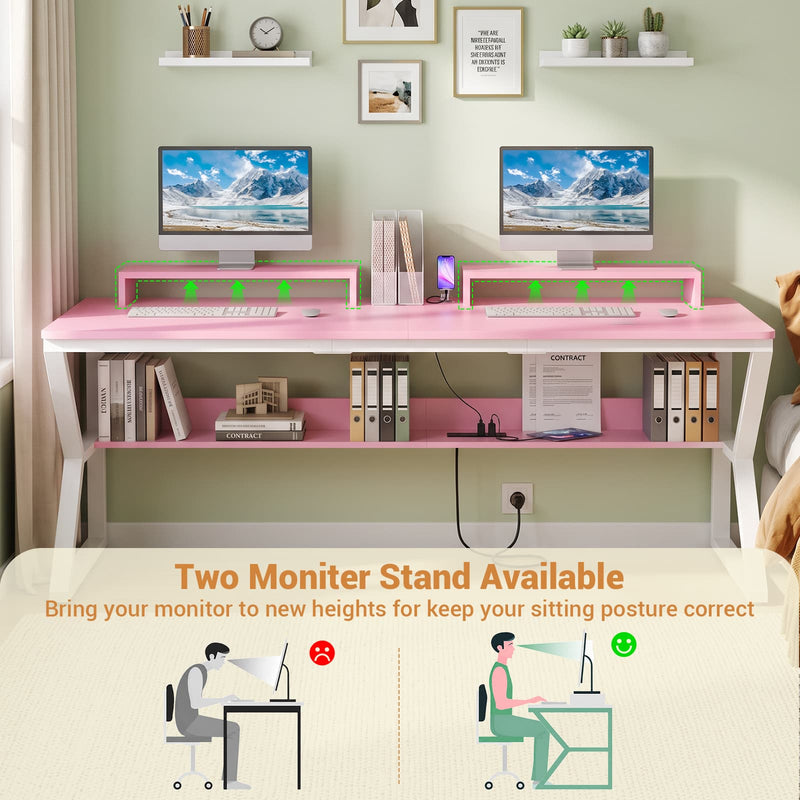 63-Inch Two-Person Computer Desk with Power Outlets, Storage Shelf