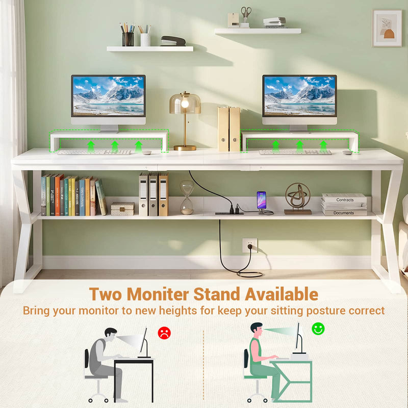 71-Inch Two-Person Computer Desk with Power Outlets, Storage Shelf