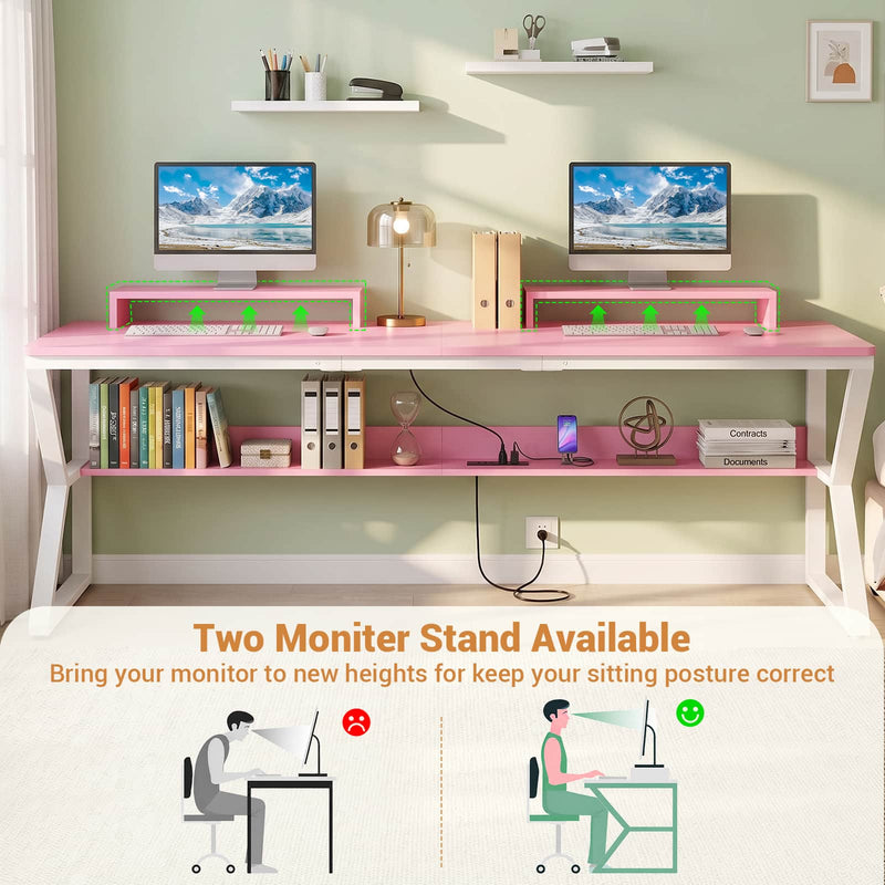 71-Inch Two-Person Computer Desk with Power Outlets, Storage Shelf