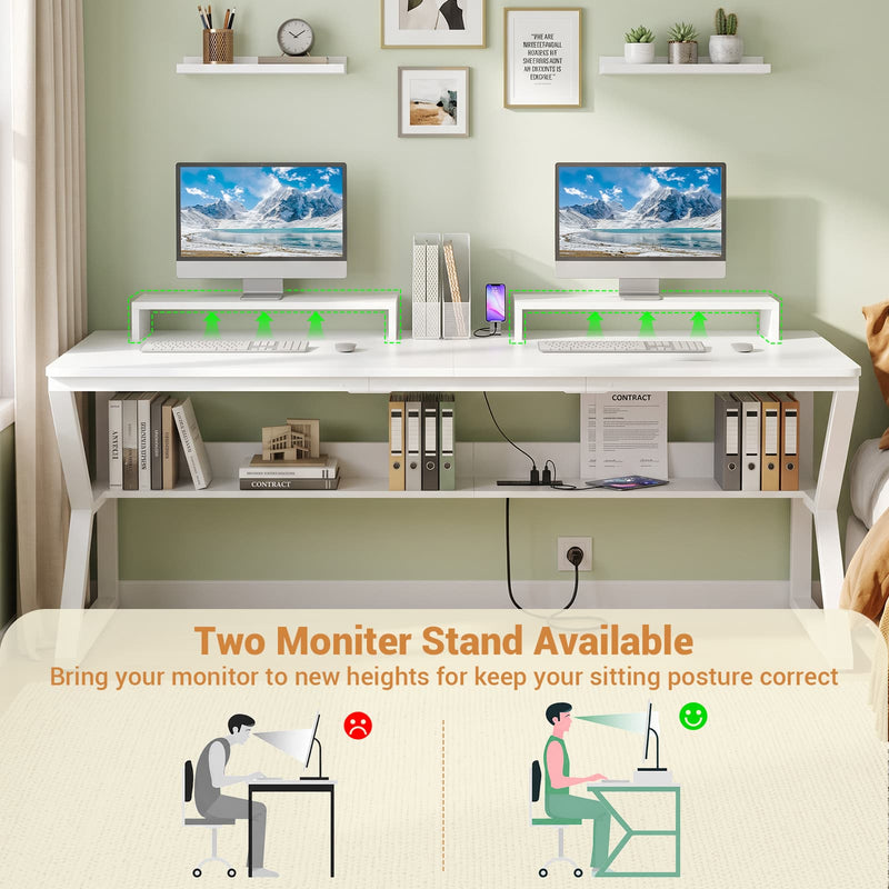 63-Inch Two-Person Computer Desk with Power Outlets, Storage Shelf