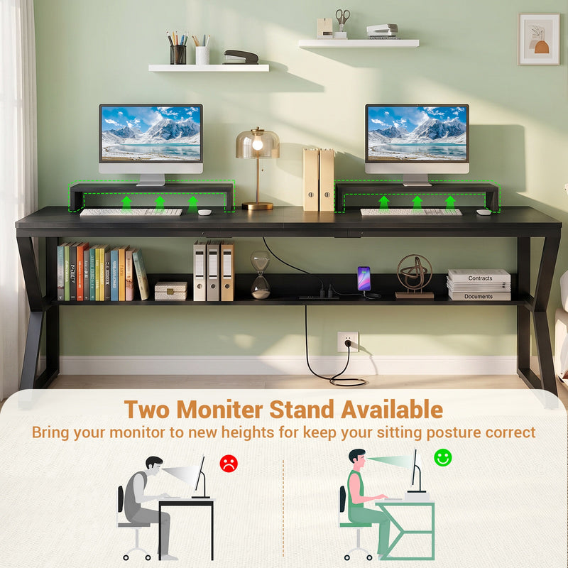 71-Inch Two-Person Computer Desk with Power Outlets, Storage Shelf