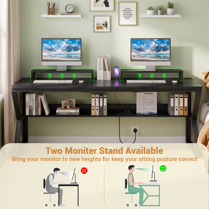 63-Inch Two-Person Computer Desk with Power Outlets, Storage Shelf