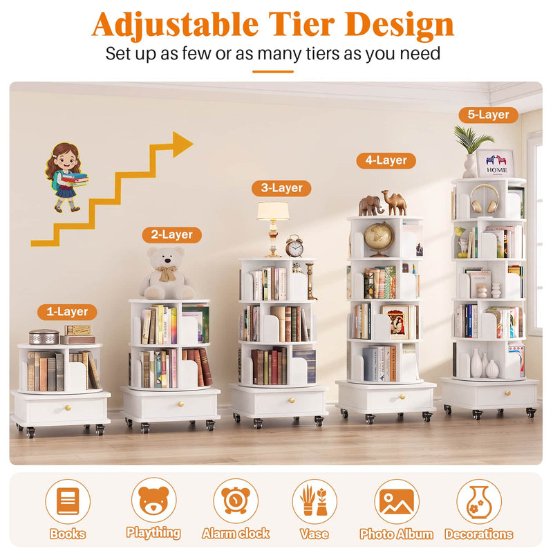 5-Tier Rotating Bookshelf, Corner Book Shelf with Drawer & Wheels, 70" Tall Solid Wood Spinning Bookcase