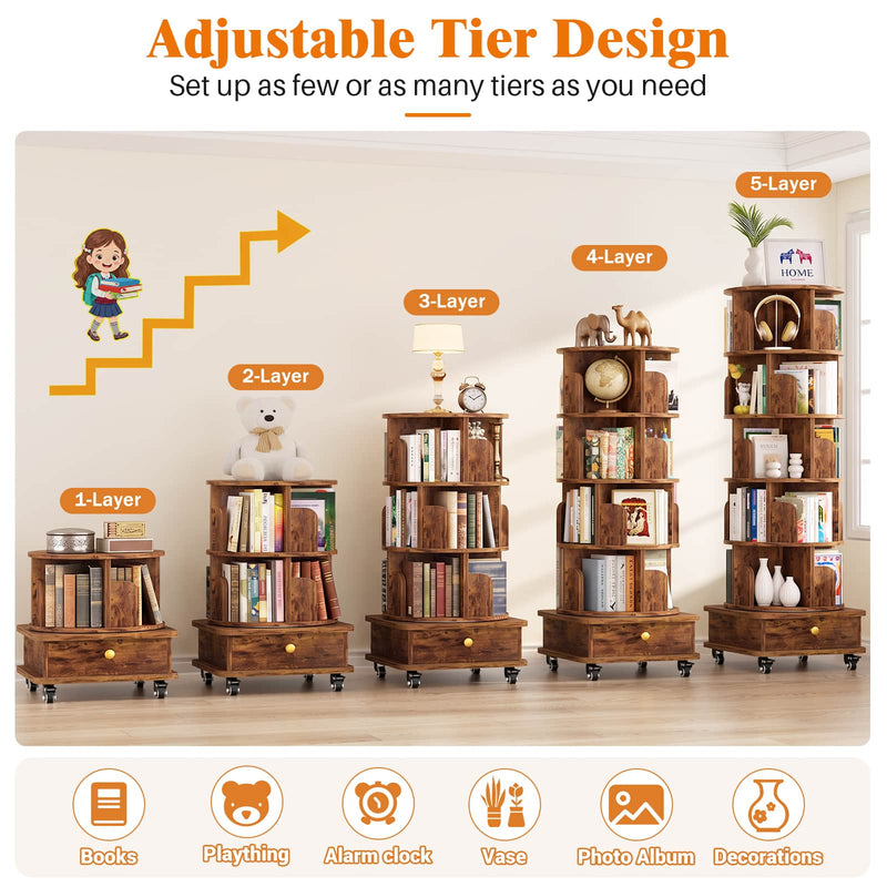 5-Tier Rotating Bookshelf, Corner Book Shelf with Drawer & Wheels, 70" Tall Solid Wood Spinning Bookcase