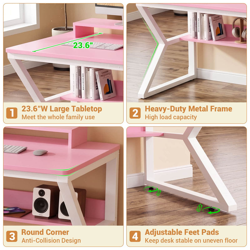 63-Inch Two-Person Computer Desk with Power Outlets, Storage Shelf