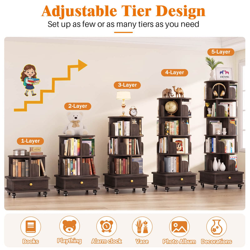 5-Tier Rotating Bookshelf, Corner Book Shelf with Drawer & Wheels, 70" Tall Solid Wood Spinning Bookcase