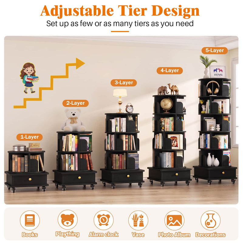 5-Tier Rotating Bookshelf, Corner Book Shelf with Drawer & Wheels, 70" Tall Solid Wood Spinning Bookcase