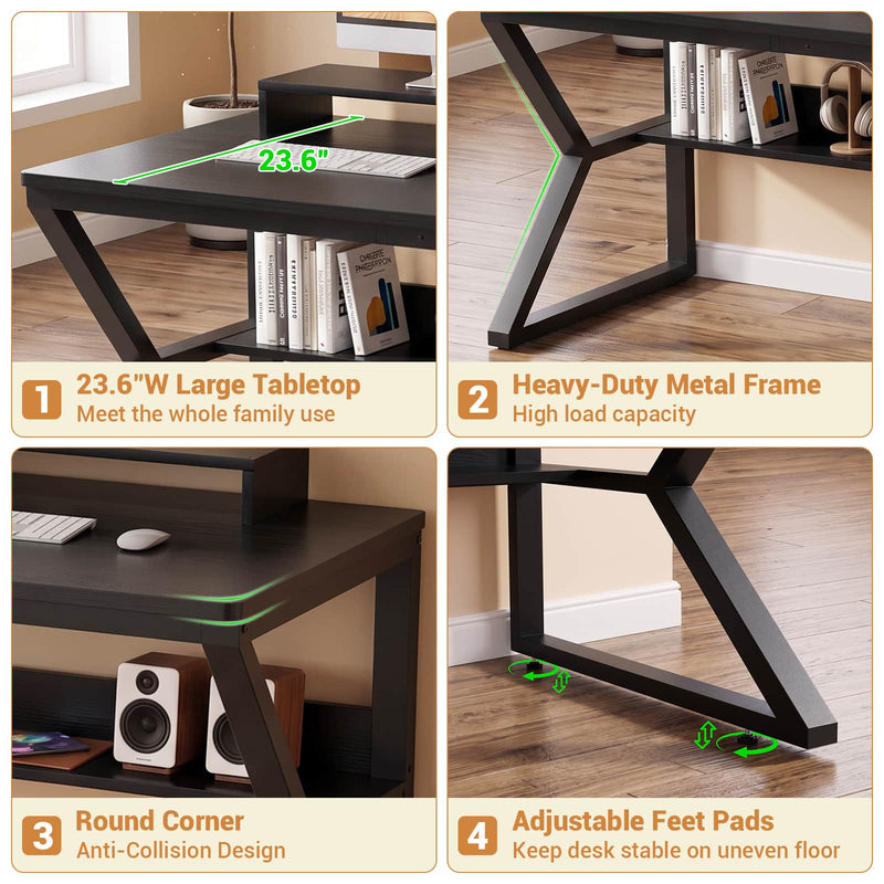 63-Inch Two-Person Computer Desk with Power Outlets, Storage Shelf
