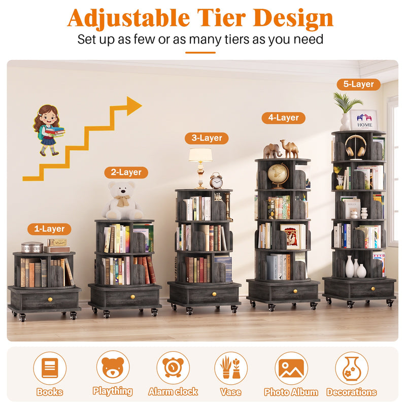 5-Tier Rotating Bookshelf, Corner Book Shelf with Drawer & Wheels, 70" Tall Solid Wood Spinning Bookcase