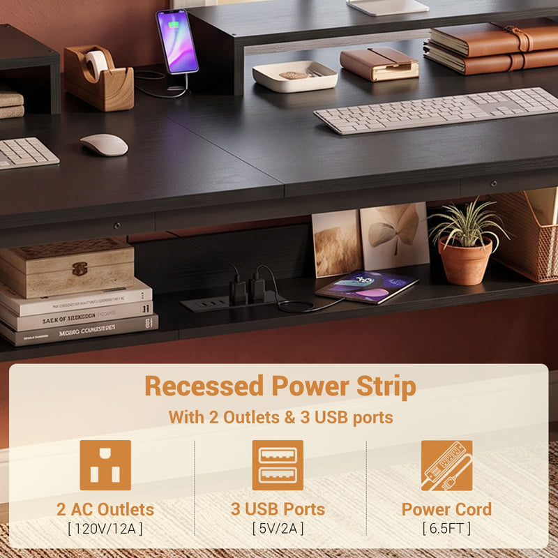 63-Inch Two-Person Computer Desk with Power Outlets, Storage Shelf