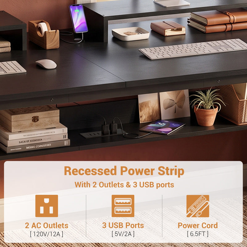 71-Inch Two-Person Computer Desk with Power Outlets, Storage Shelf