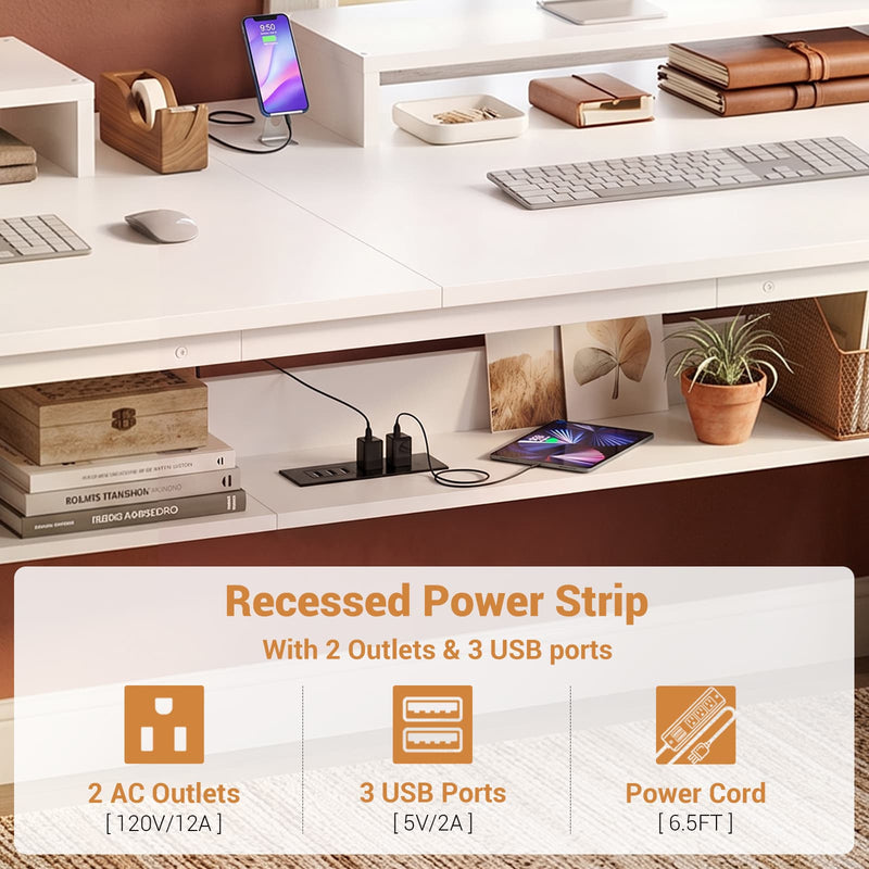 71-Inch Two-Person Computer Desk with Power Outlets, Storage Shelf
