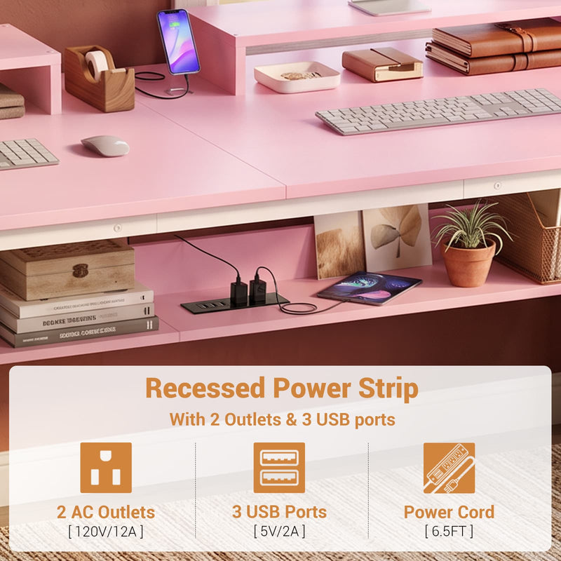 71-Inch Two-Person Computer Desk with Power Outlets, Storage Shelf