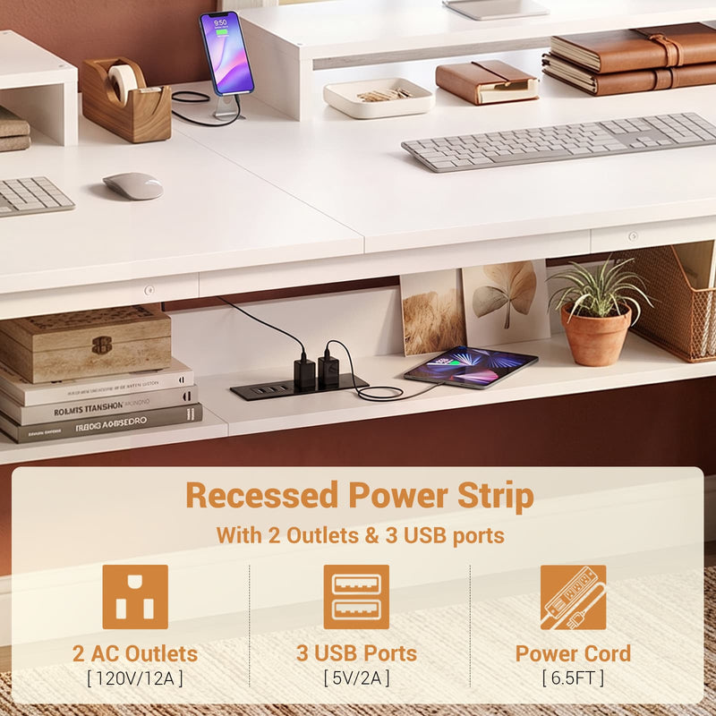 63-Inch Two-Person Computer Desk with Power Outlets, Storage Shelf