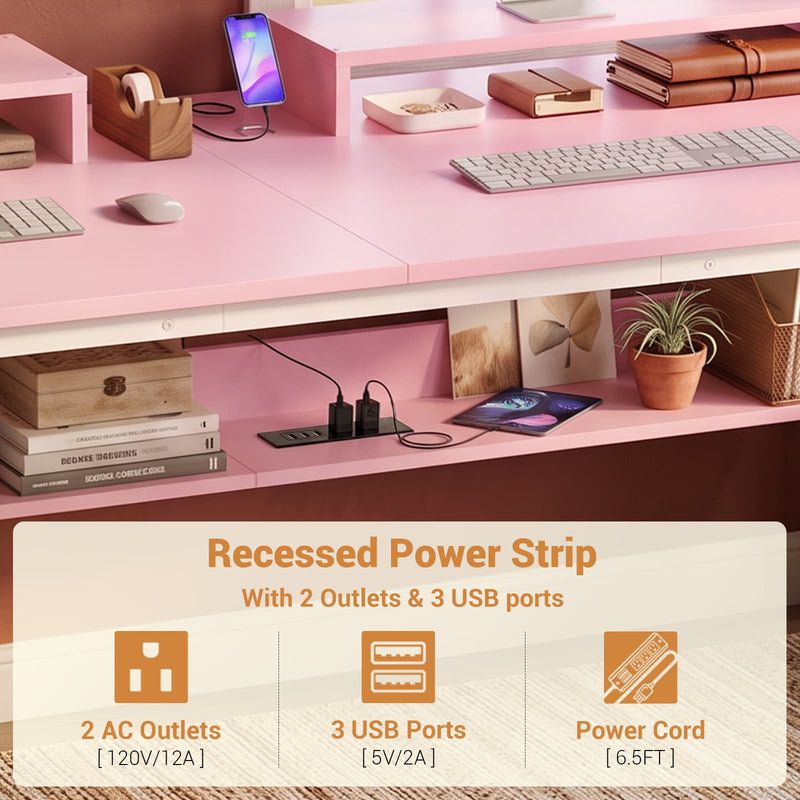 63-Inch Two-Person Computer Desk with Power Outlets, Storage Shelf