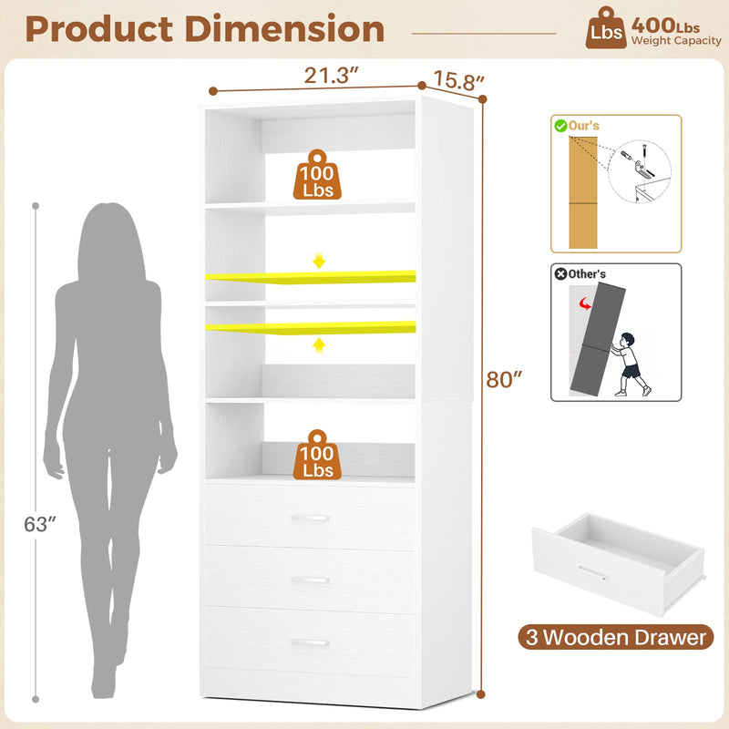 3-Drawer Wood Closet Organizer System, 21.3" Modular Walk-In Closet Storage Cabinet