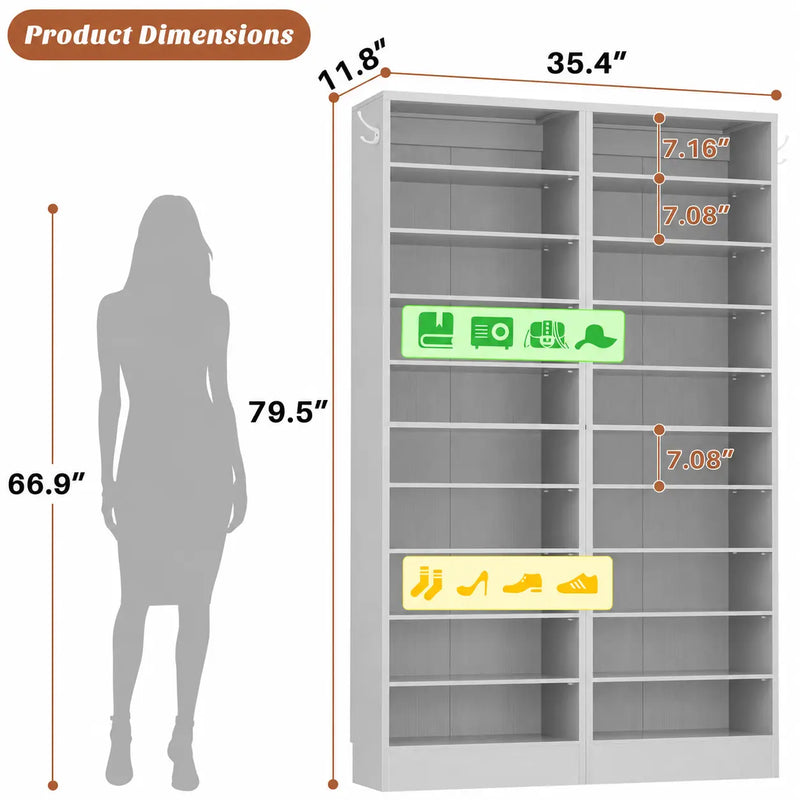 10-Tier Freestanding Wooden Shoe Rack Cabinet，2Pack
