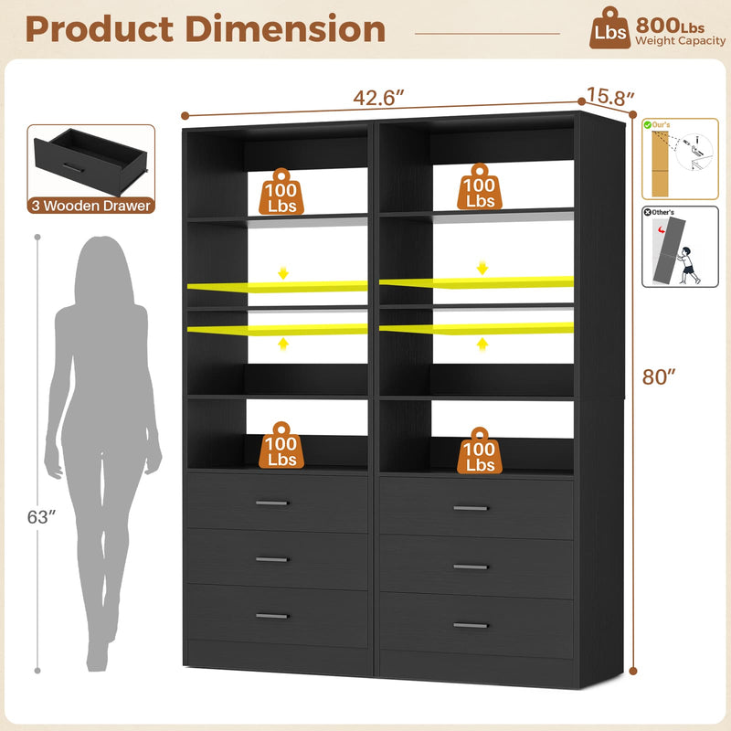 3-Drawer Wood Closet Organizer System, 1.77FT Modular Walk-In Closet Storage Cabinet，2 Pack