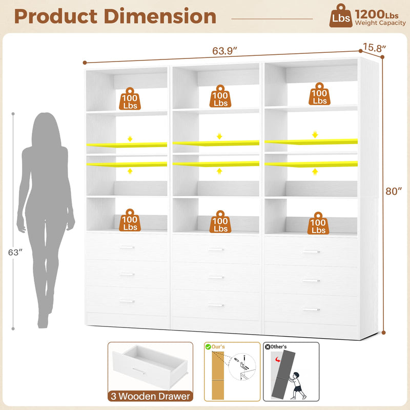 5.32FT Wood Closet Organizer System with 9 Drawers, Modular Walk-In Closet Storage Cabinet