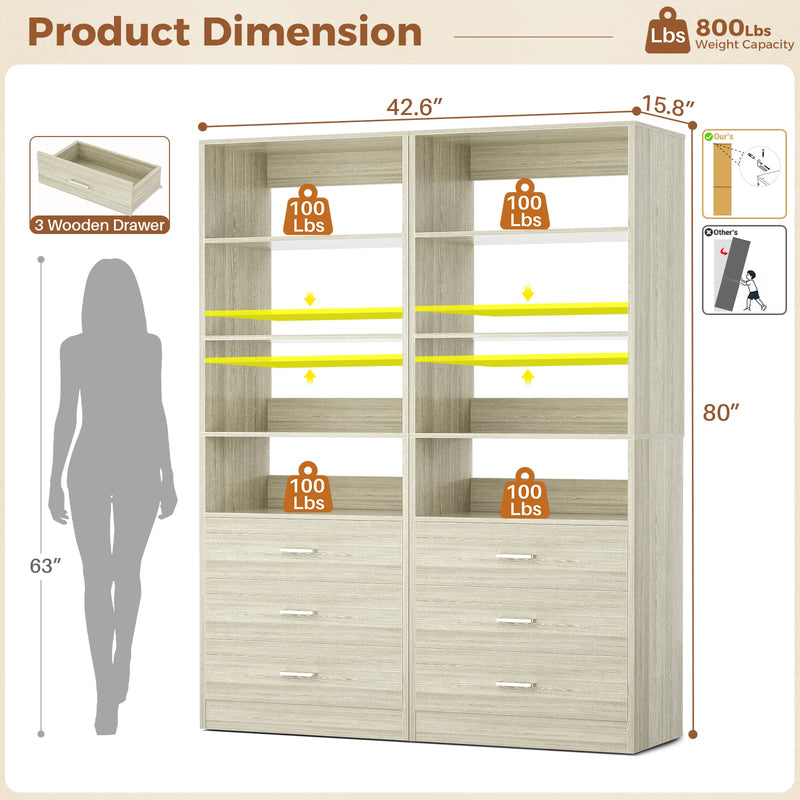 3-Drawer Wood Closet Organizer System, 1.77FT Modular Walk-In Closet Storage Cabinet，2 Pack
