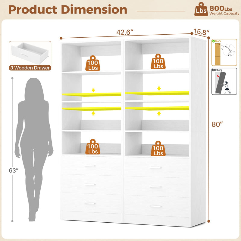 3-Drawer Wood Closet Organizer System, 1.77FT Modular Walk-In Closet Storage Cabinet，2 Pack