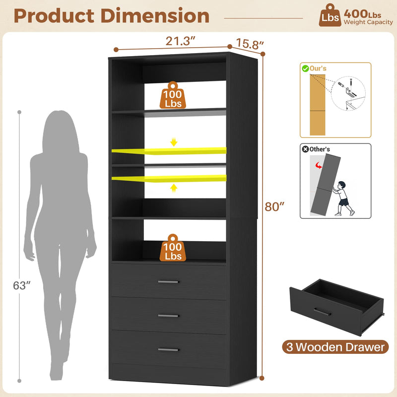 3-Drawer Wood Closet Organizer System, 21.3" Modular Walk-In Closet Storage Cabinet