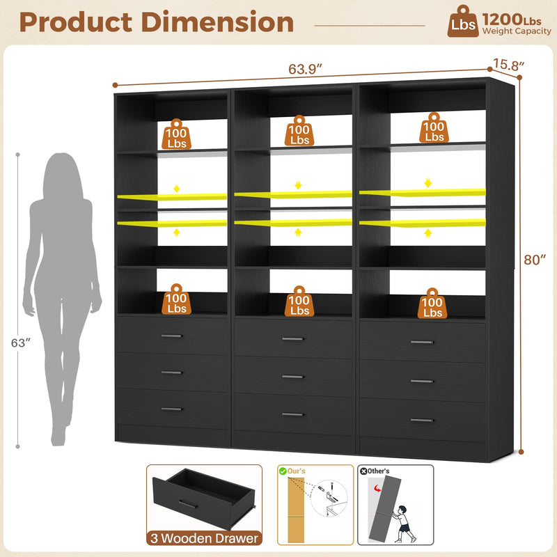 5.32FT Wood Closet Organizer System with 9 Drawers, Modular Walk-In Closet Storage Cabinet