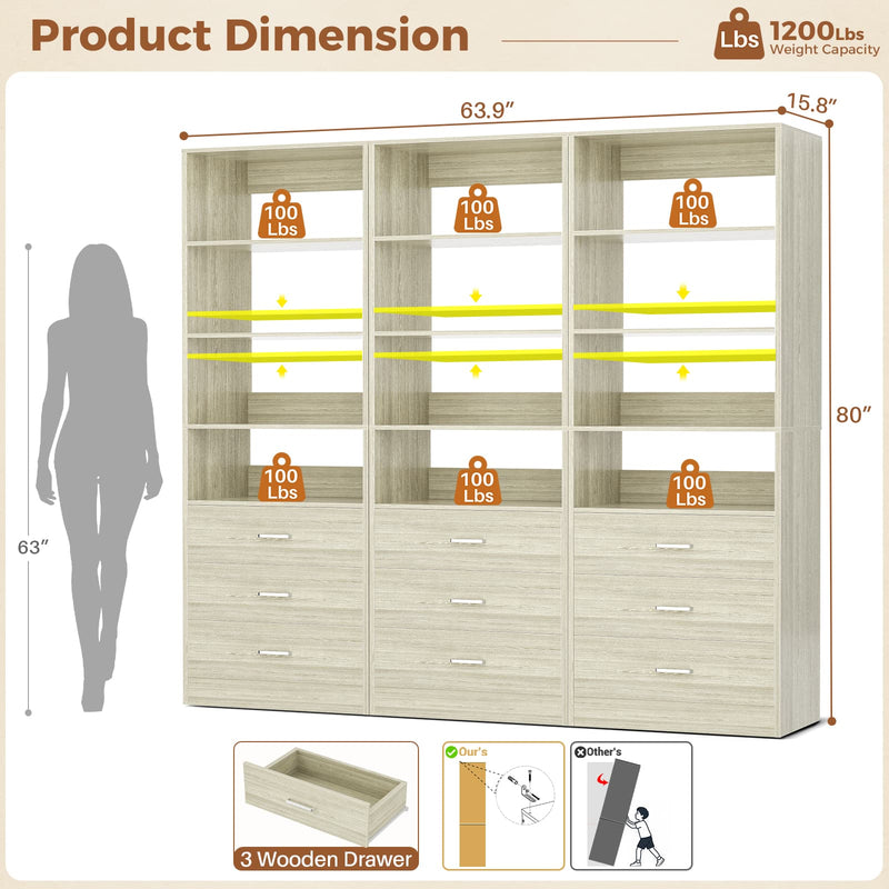 5.32FT Wood Closet Organizer System with 9 Drawers, Modular Walk-In Closet Storage Cabinet