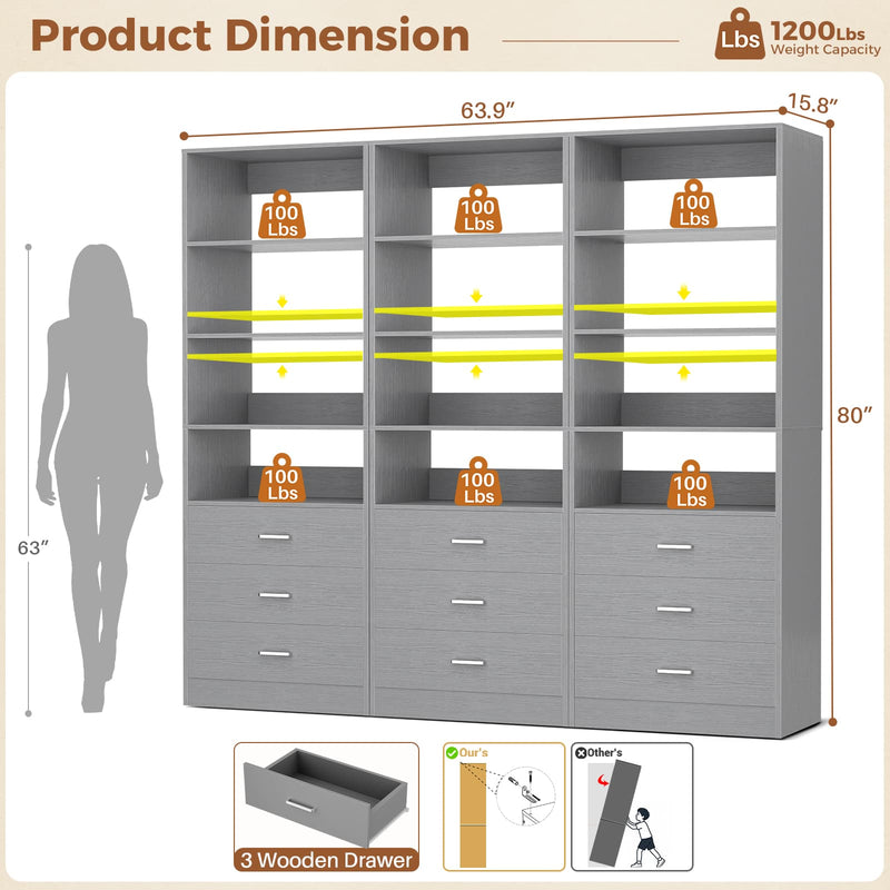 5.32FT Wood Closet Organizer System with 9 Drawers, Modular Walk-In Closet Storage Cabinet