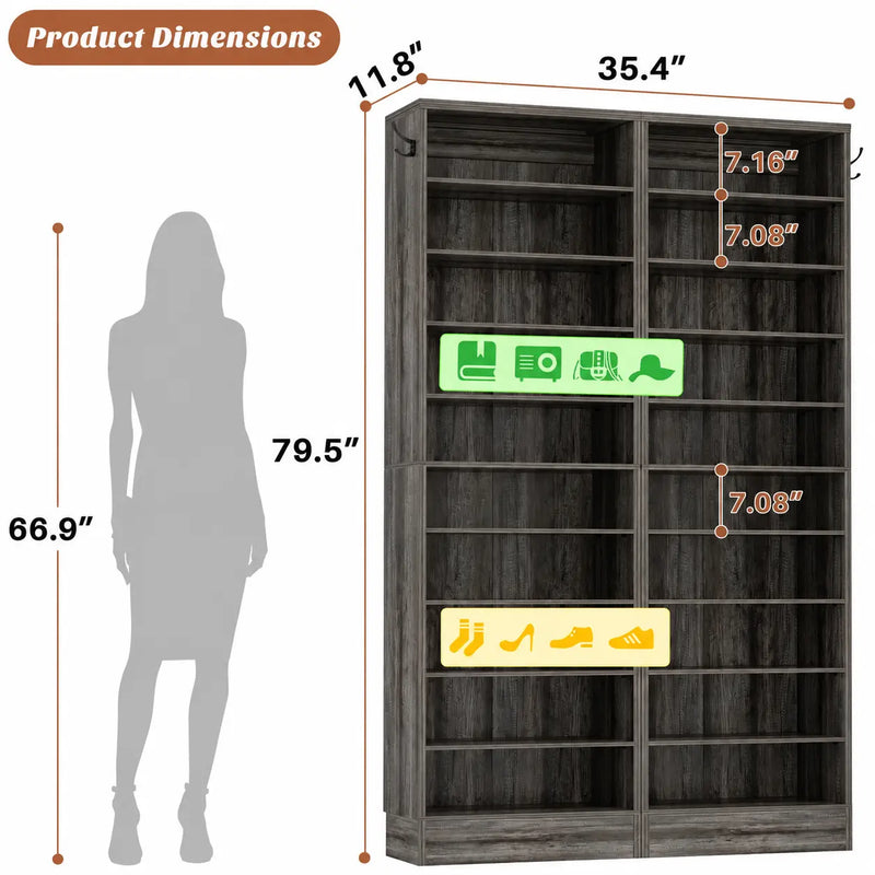 10-Tier Freestanding Wooden Shoe Rack Cabinet，2Pack