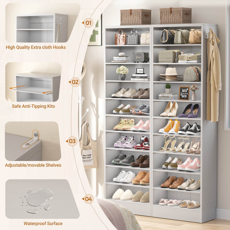 10-Tier Freestanding Wooden Shoe Rack Cabinet，2Pack