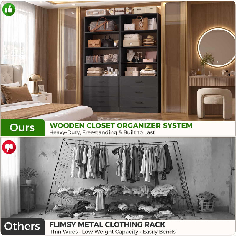 5.32FT Wood Closet Organizer System with 9 Drawers, Modular Walk-In Closet Storage Cabinet