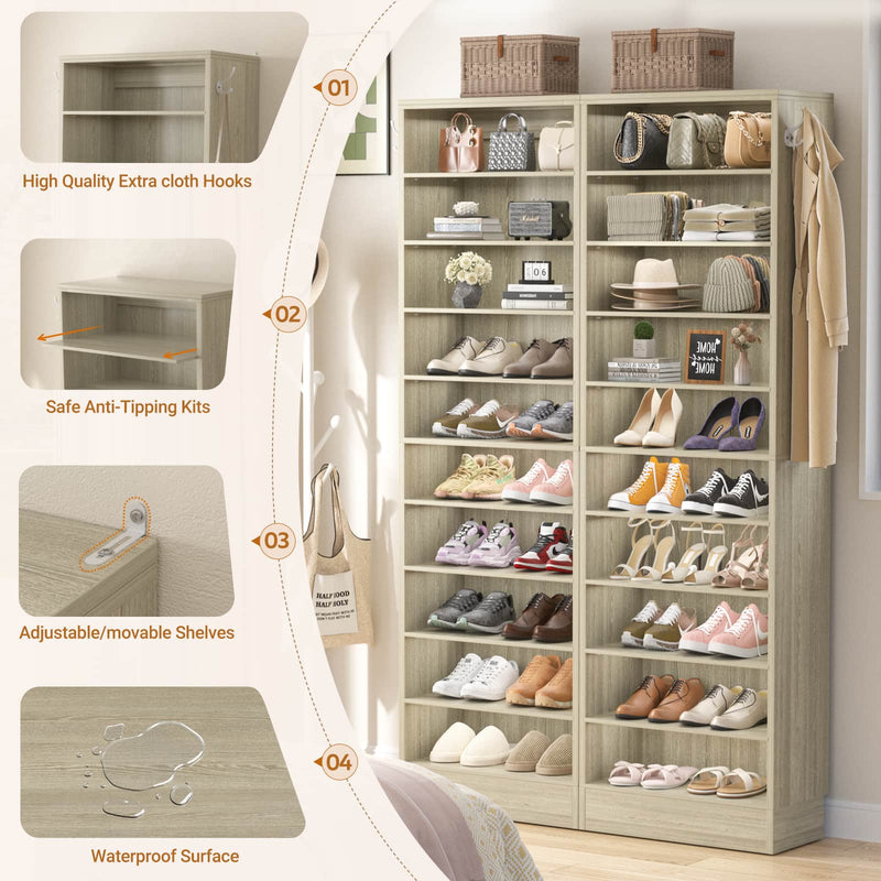 10-Tier Freestanding Wooden Shoe Rack Cabinet，2Pack
