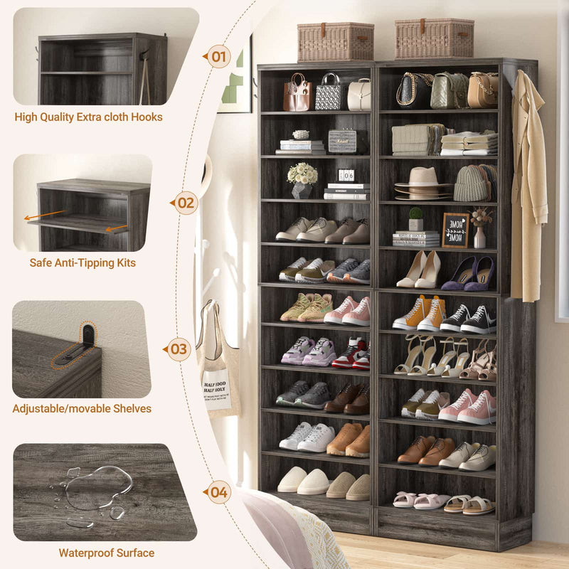 10-Tier Freestanding Wooden Shoe Rack Cabinet，2Pack