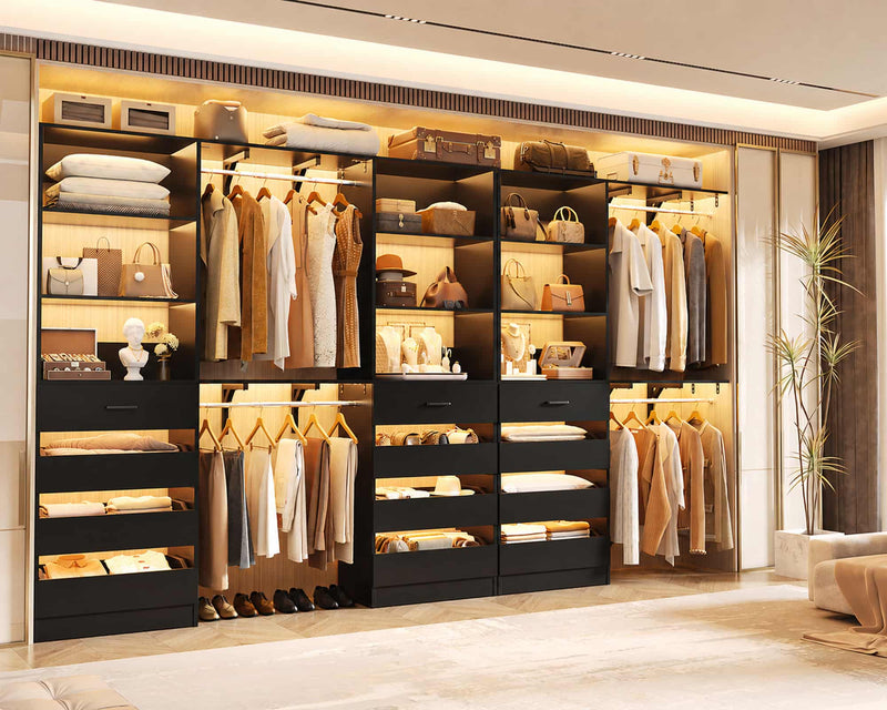 138.5" Long Wood Walk-in Closets Wardrobe Organizer with 12 Drawers and 4 Hanging Rods, Top Shelves, Set of 3