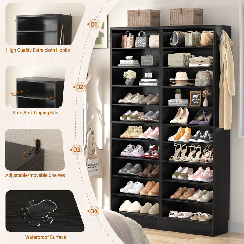 10-Tier Freestanding Wooden Shoe Rack Cabinet，2Pack