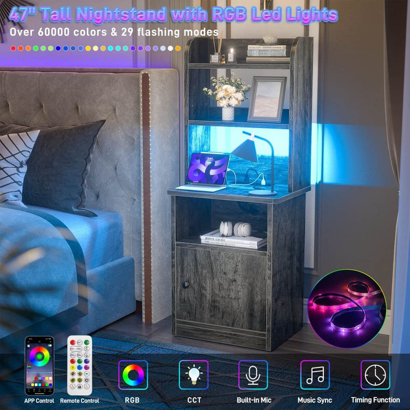 47'' Nightstand with Charging Station and LED Lights