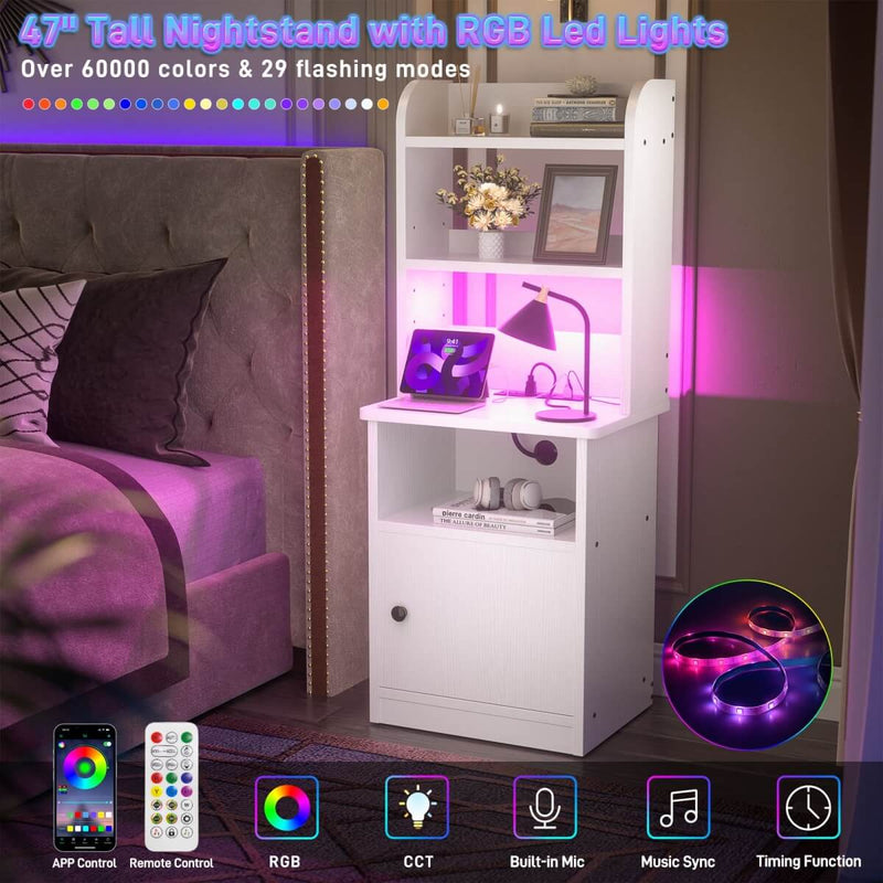 47'' Nightstand with Charging Station and LED Lights