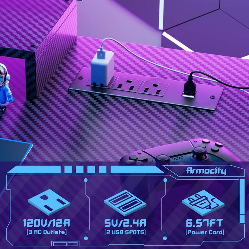 Gaming Desk with Hutch and LED Lights, Computer Table with Storage Shelves