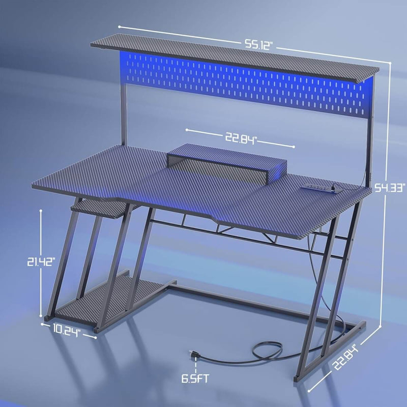 Gaming Desk with Hutch and LED Lights, Computer Table with Storage Shelves