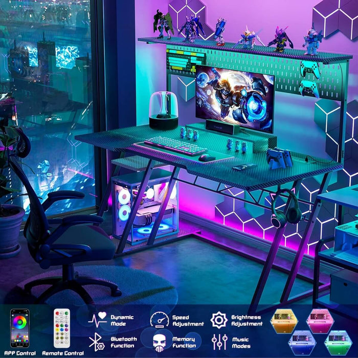 Gaming Desk with Hutch and LED Lights, Computer Table with Storage Shelves