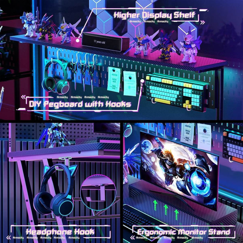 Gaming Desk with Hutch and LED Lights, Computer Table with Storage Shelves