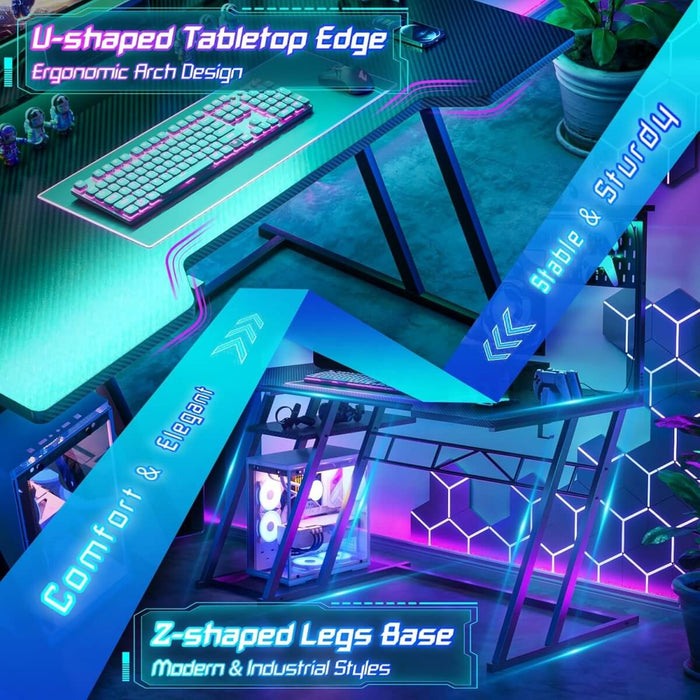 Gaming Desk with Hutch and LED Lights, Computer Table with Storage Shelves
