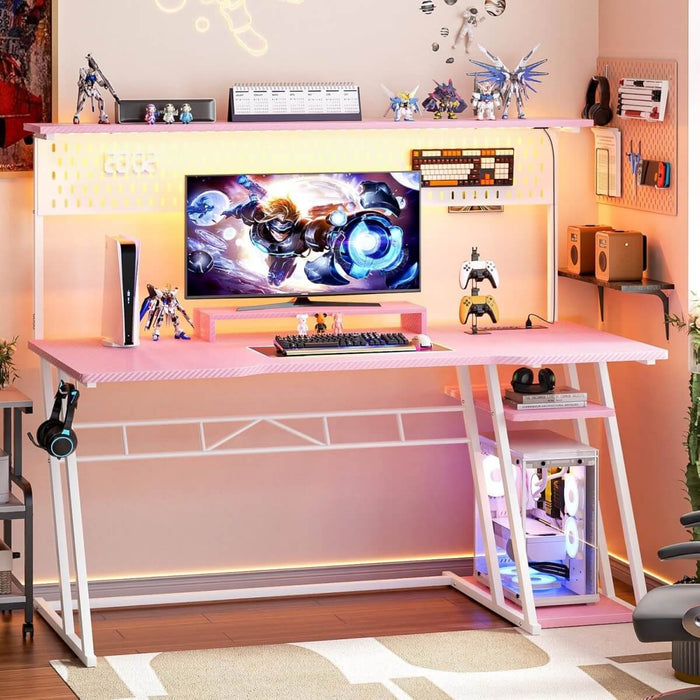 Gaming Desk with Hutch and LED Lights, Computer Table with Storage Shelves