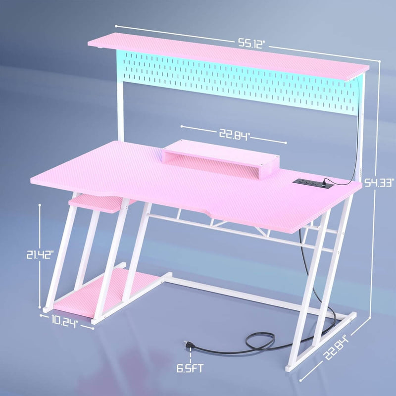 Gaming Desk with Hutch and LED Lights, Computer Table with Storage Shelves