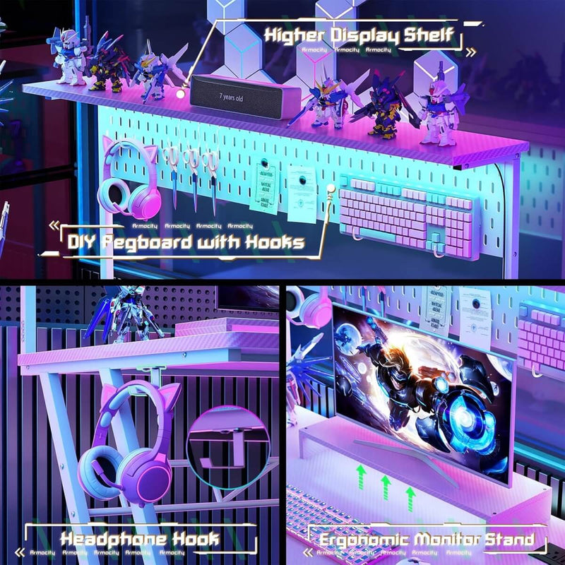 Gaming Desk with Hutch and LED Lights, Computer Table with Storage Shelves