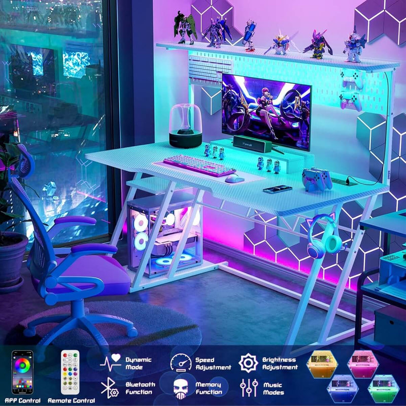 Gaming Desk with Hutch and LED Lights, Computer Table with Storage Shelves