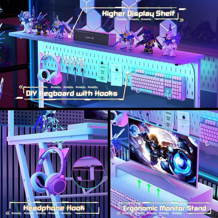 Gaming Desk with Hutch and LED Lights, Computer Table with Storage Shelves