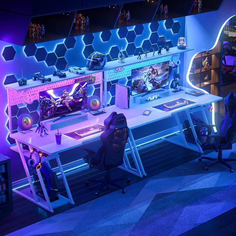 Gaming Desk with Hutch and LED Lights, Computer Table with Storage Shelves